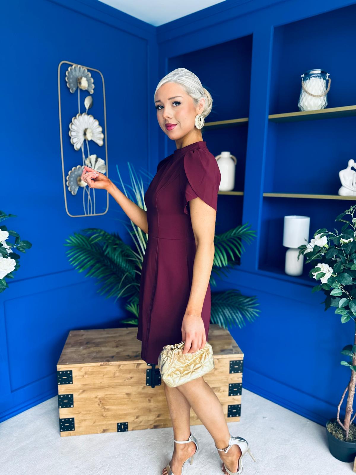 Ami Tulip Sleeve High Neck Mini Dress Wine