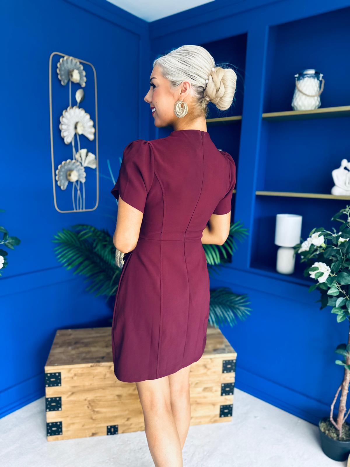 Ami Tulip Sleeve High Neck Mini Dress Wine