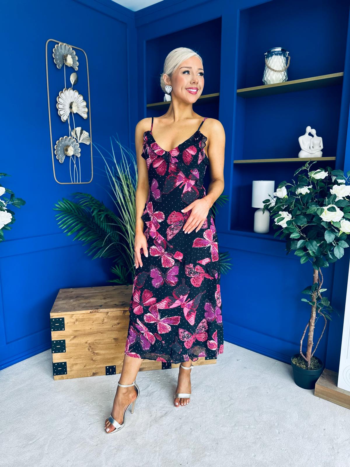 Ainsley Frill Detail Diamond Butterfly Print Midi Dress Black