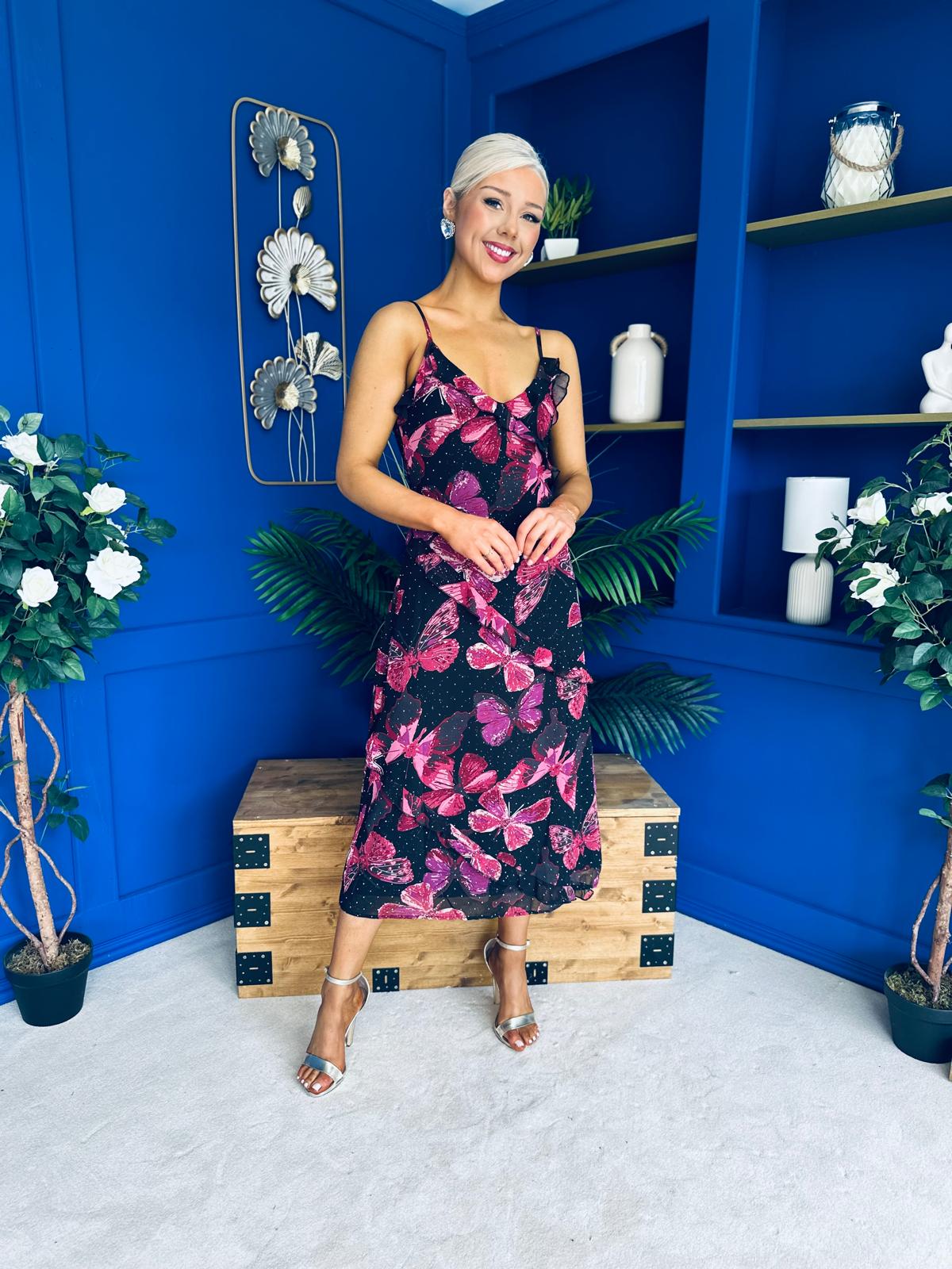 Ainsley Frill Detail Diamond Butterfly Print Midi Dress Black
