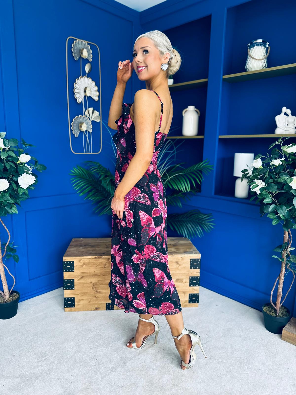 Ainsley Frill Detail Diamond Butterfly Print Midi Dress Black