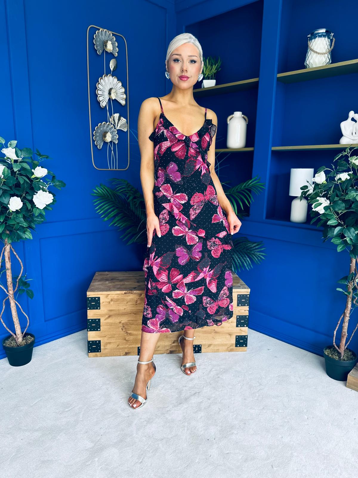 Ainsley Frill Detail Diamond Butterfly Print Midi Dress Black