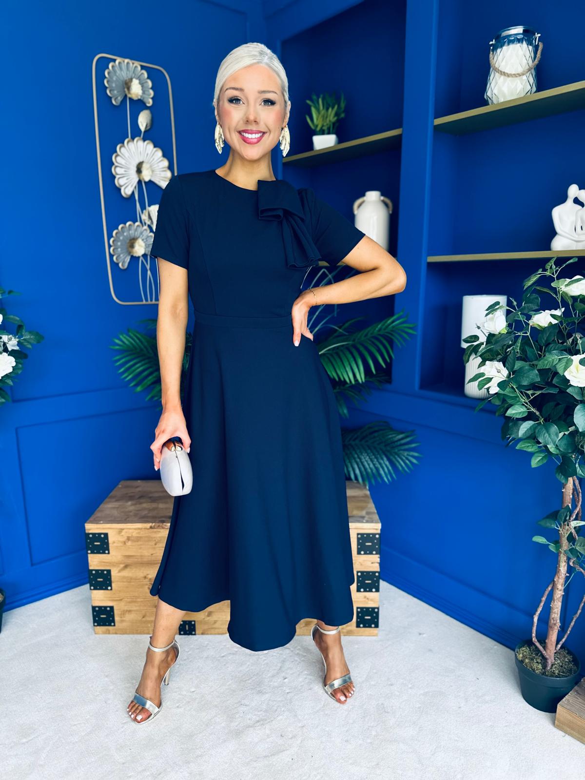Minta Bow Detail Short Sleeve Midi Dress Navy