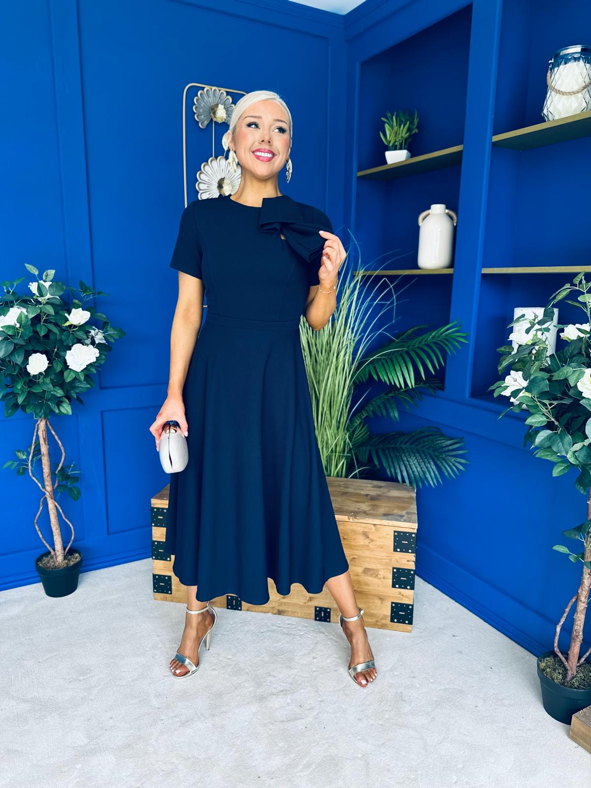 Minta Bow Detail Short Sleeve Midi Dress Navy