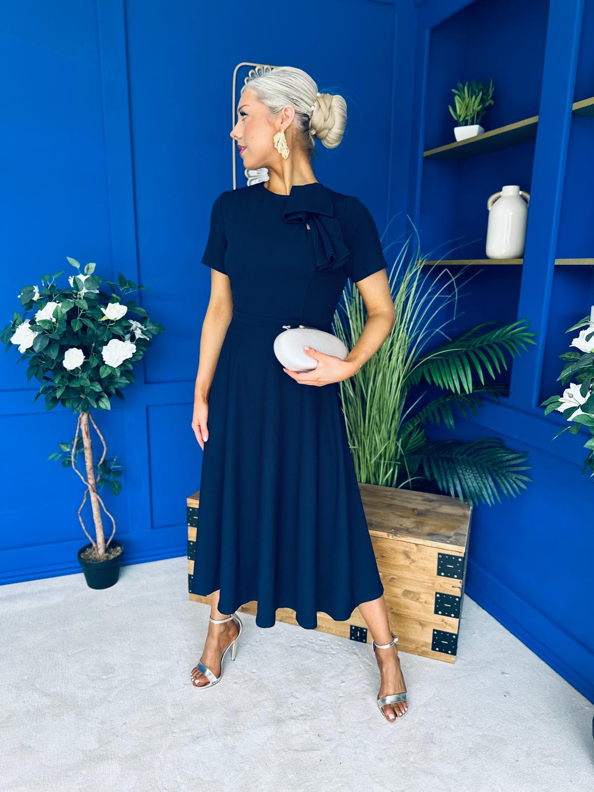 Minta Bow Detail Short Sleeve Midi Dress Navy