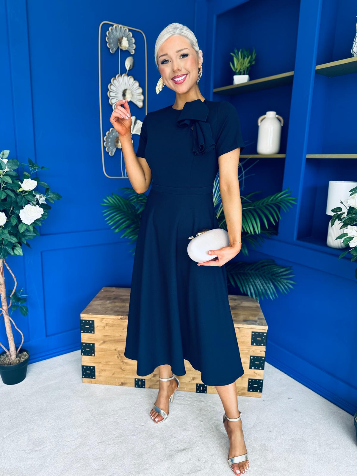 Minta Bow Detail Short Sleeve Midi Dress Navy