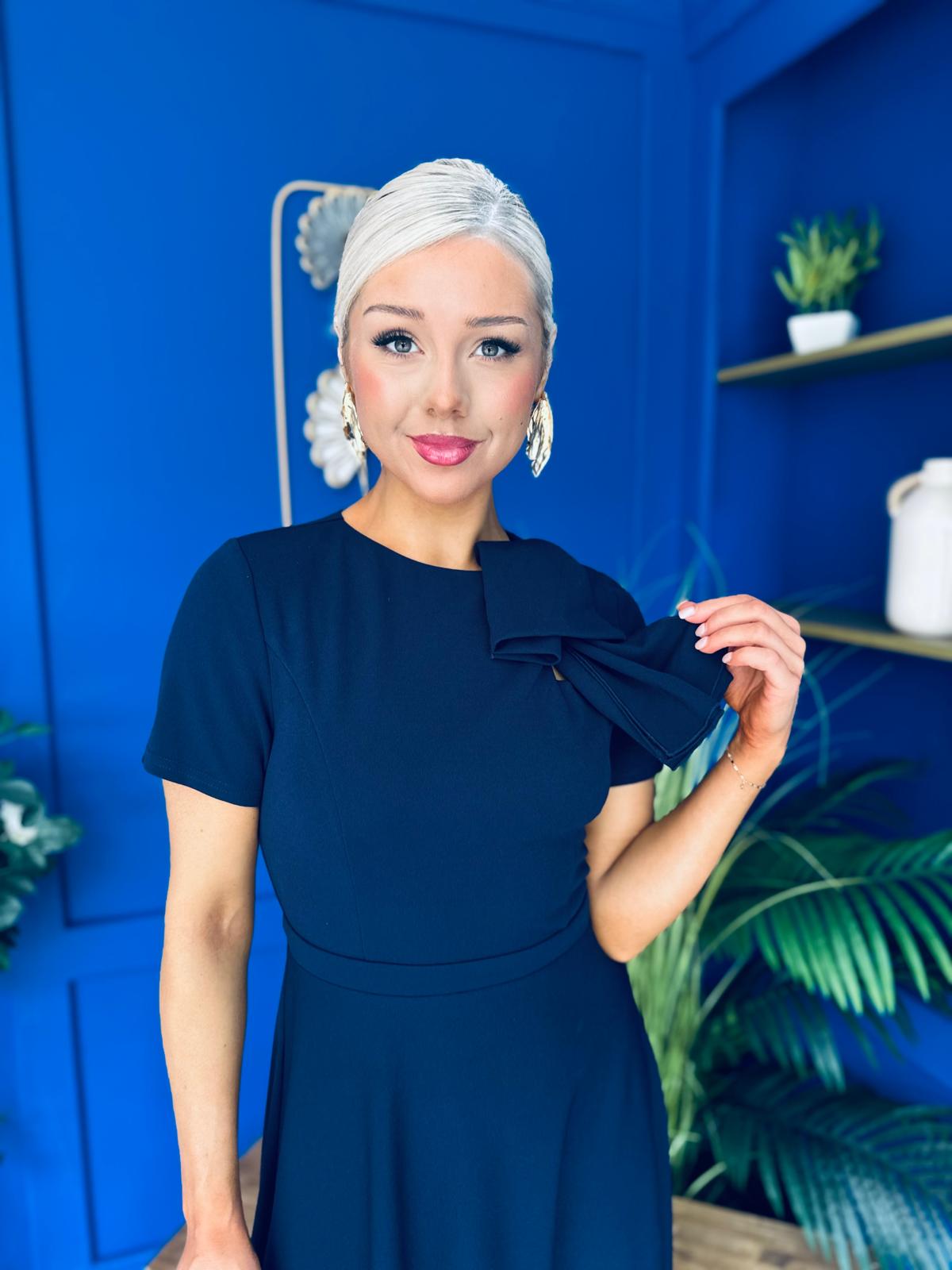 Minta Bow Detail Short Sleeve Midi Dress Navy