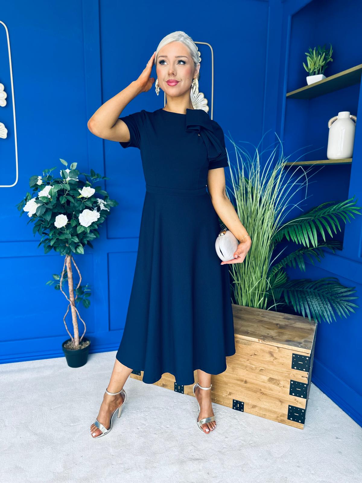Minta Bow Detail Short Sleeve Midi Dress Navy