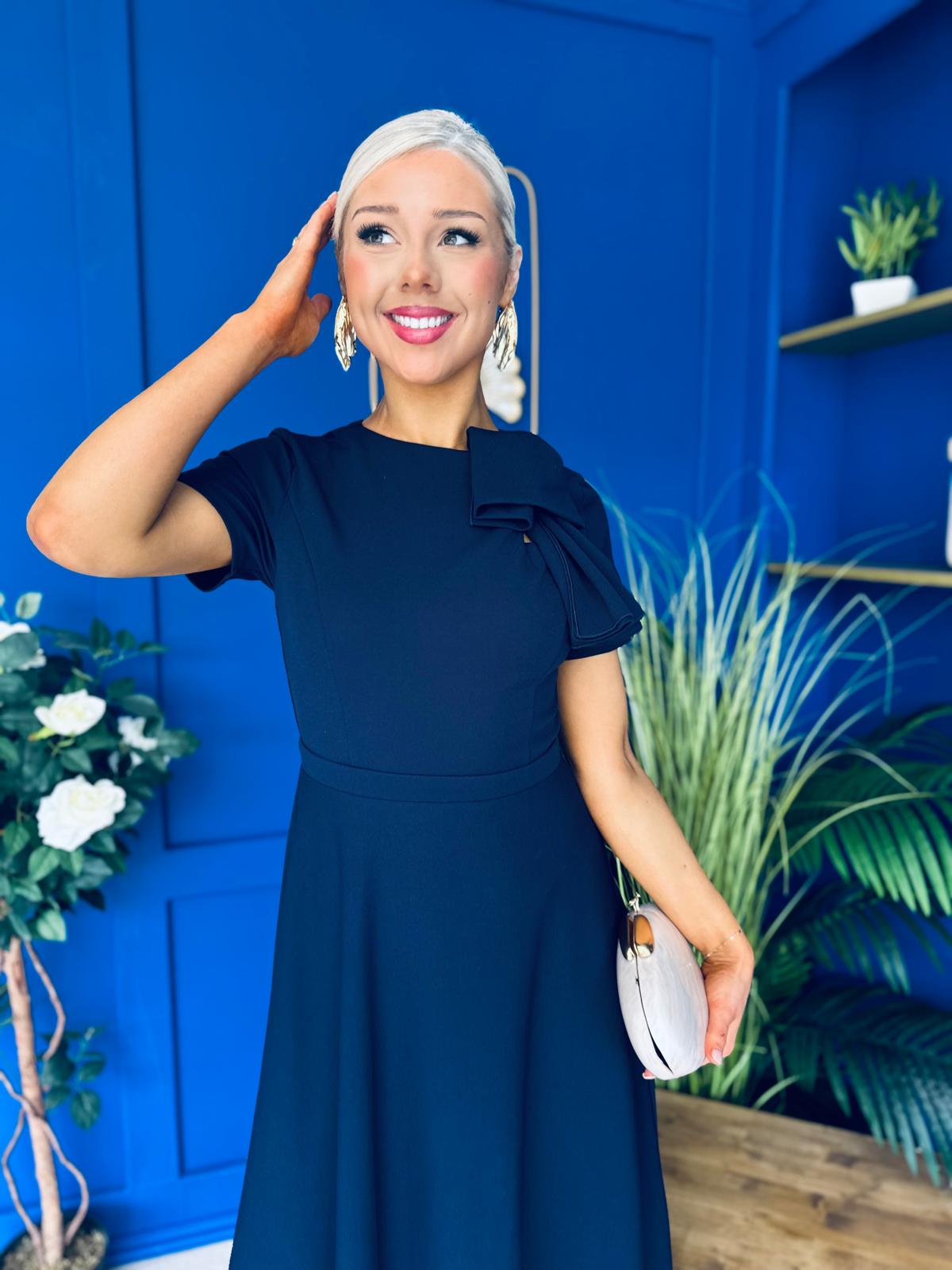 Minta Bow Detail Short Sleeve Midi Dress Navy