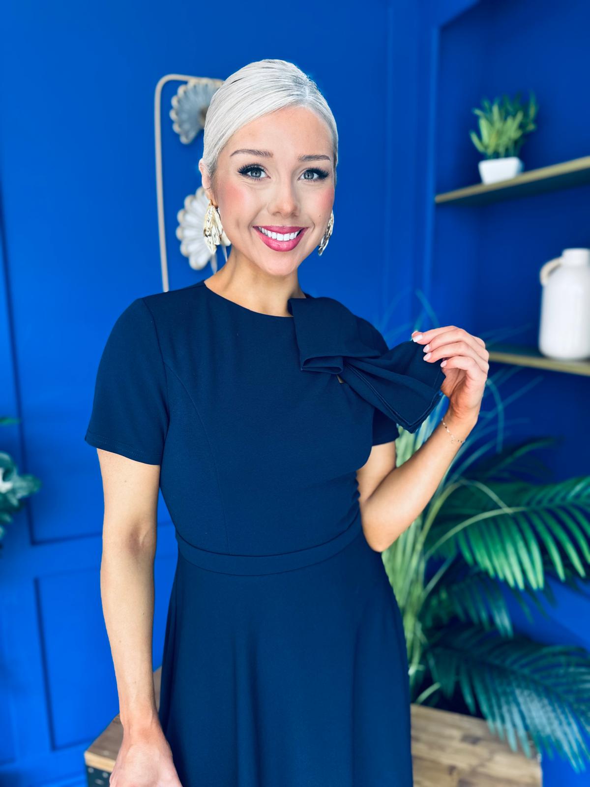 Minta Bow Detail Short Sleeve Midi Dress Navy