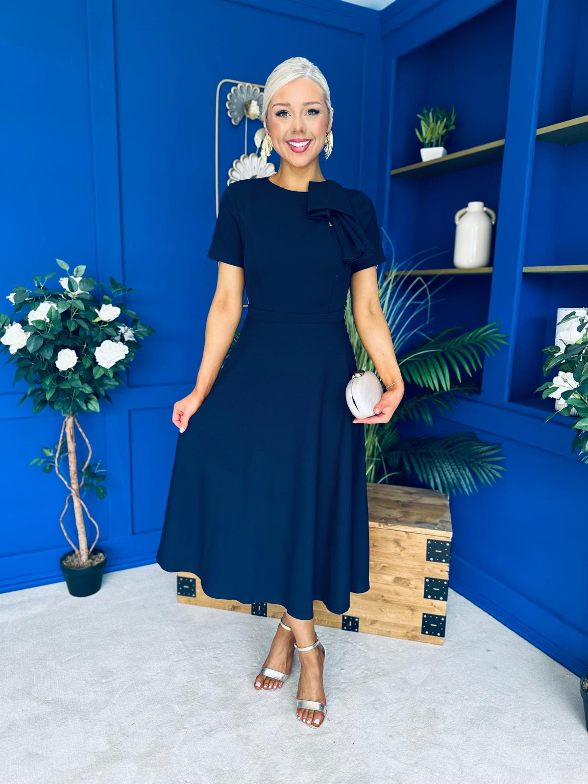 Minta Bow Detail Short Sleeve Midi Dress Navy