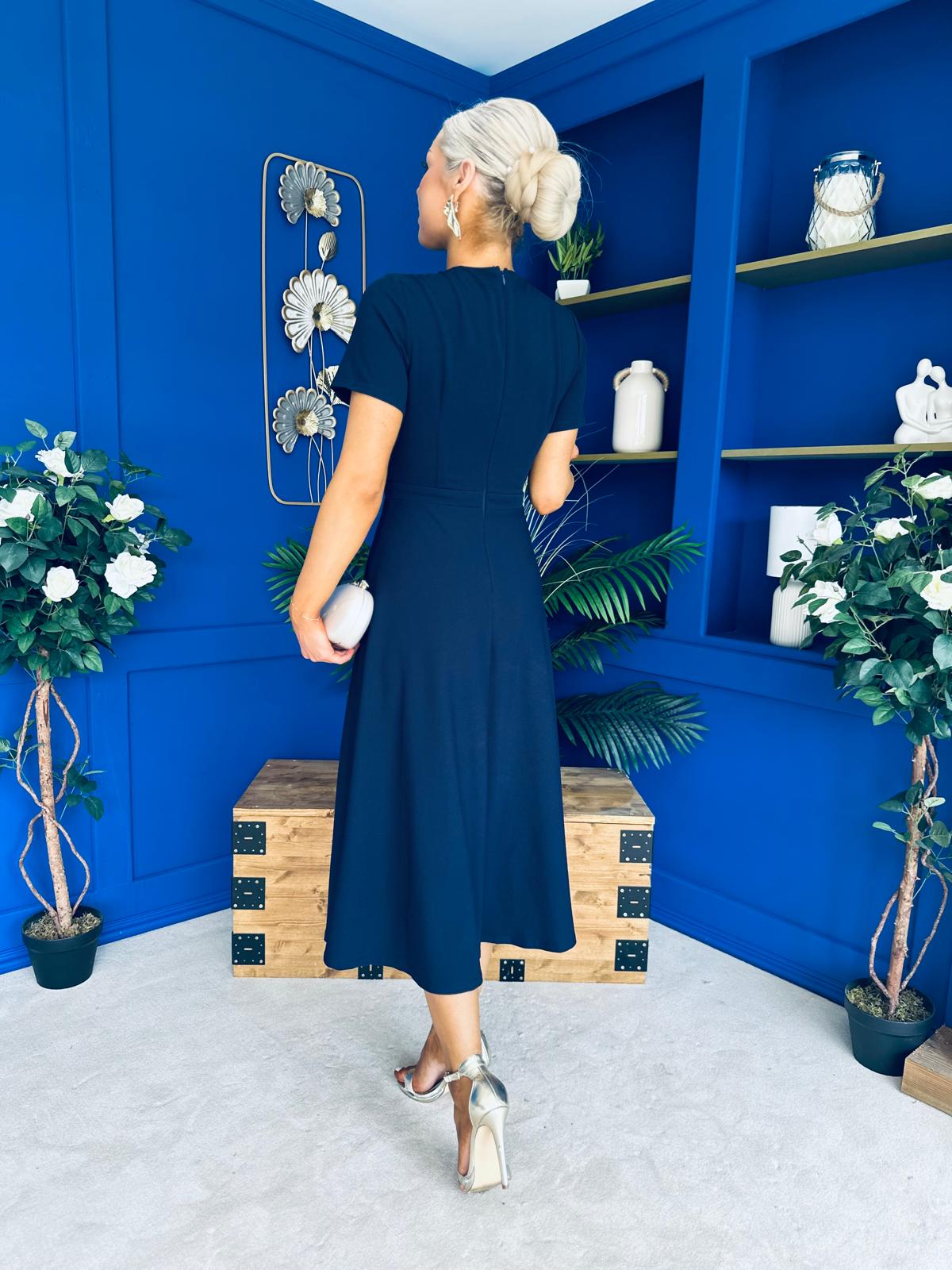 Minta Bow Detail Short Sleeve Midi Dress Navy