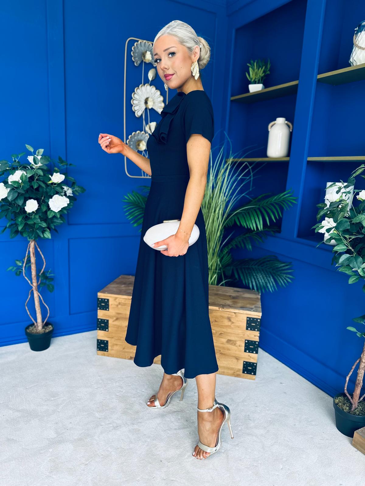 Minta Bow Detail Short Sleeve Midi Dress Navy