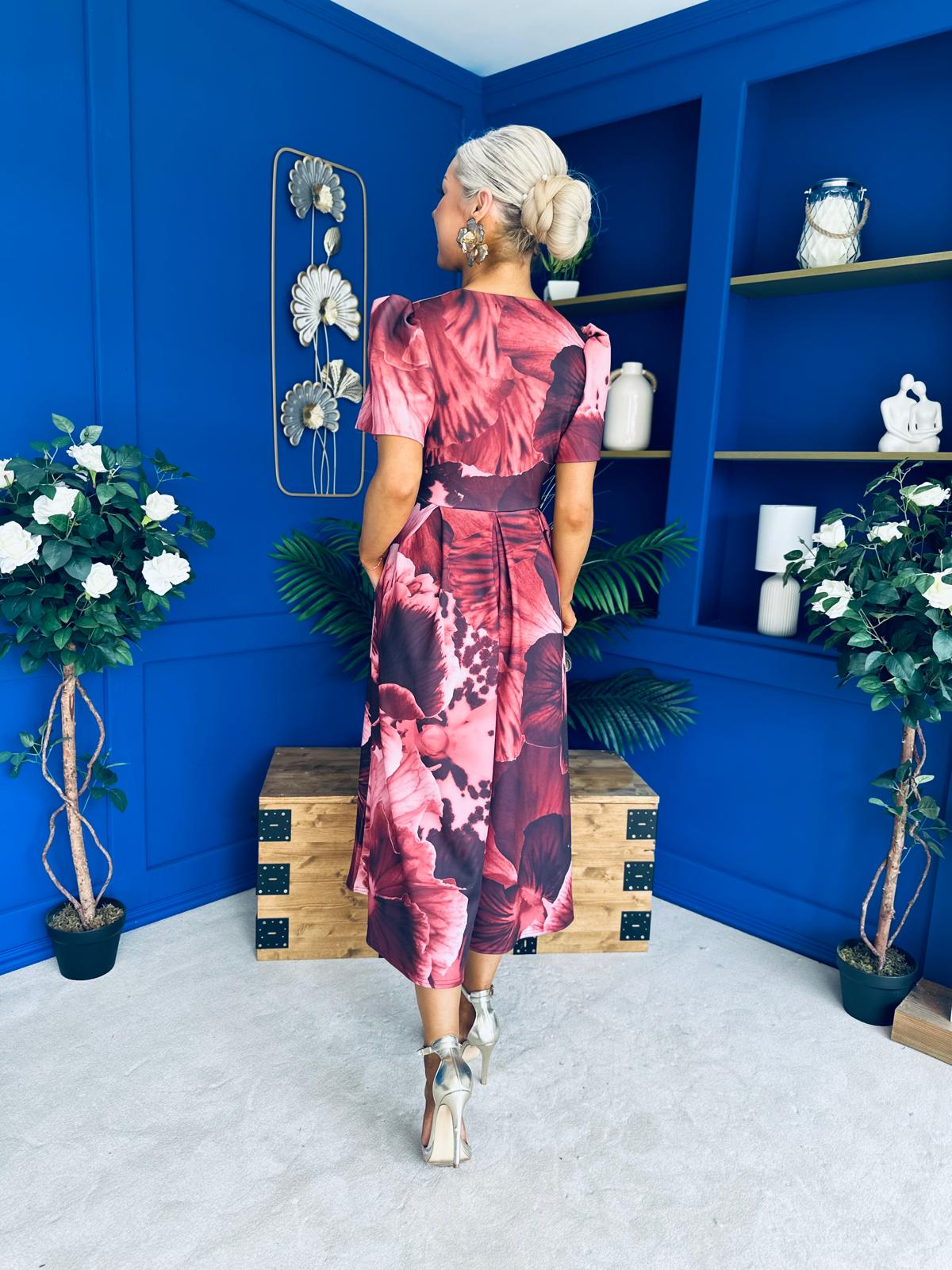 Dora Puff Sleeve Midi Wine Floral