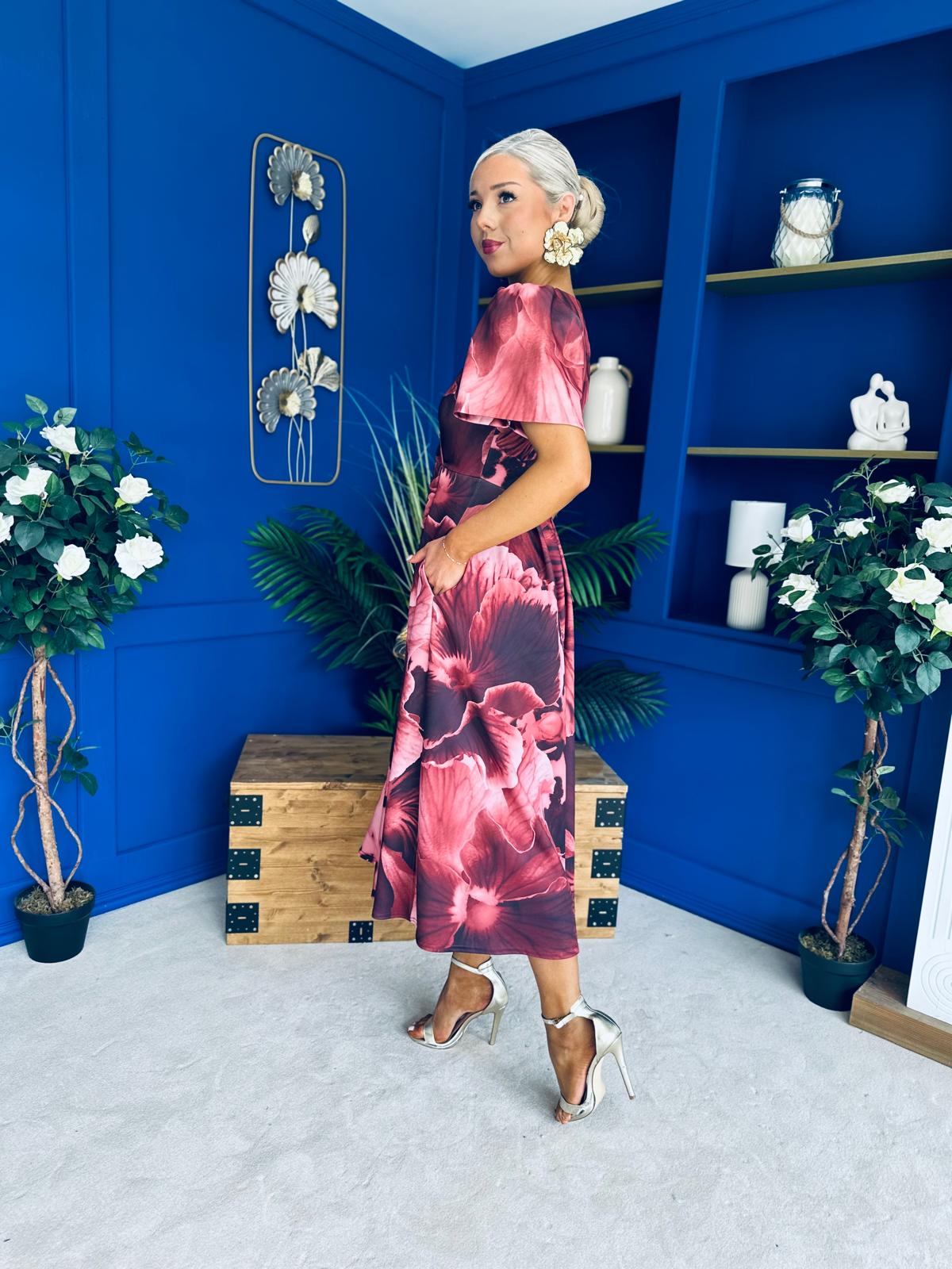 Dora Puff Sleeve Midi Wine Floral