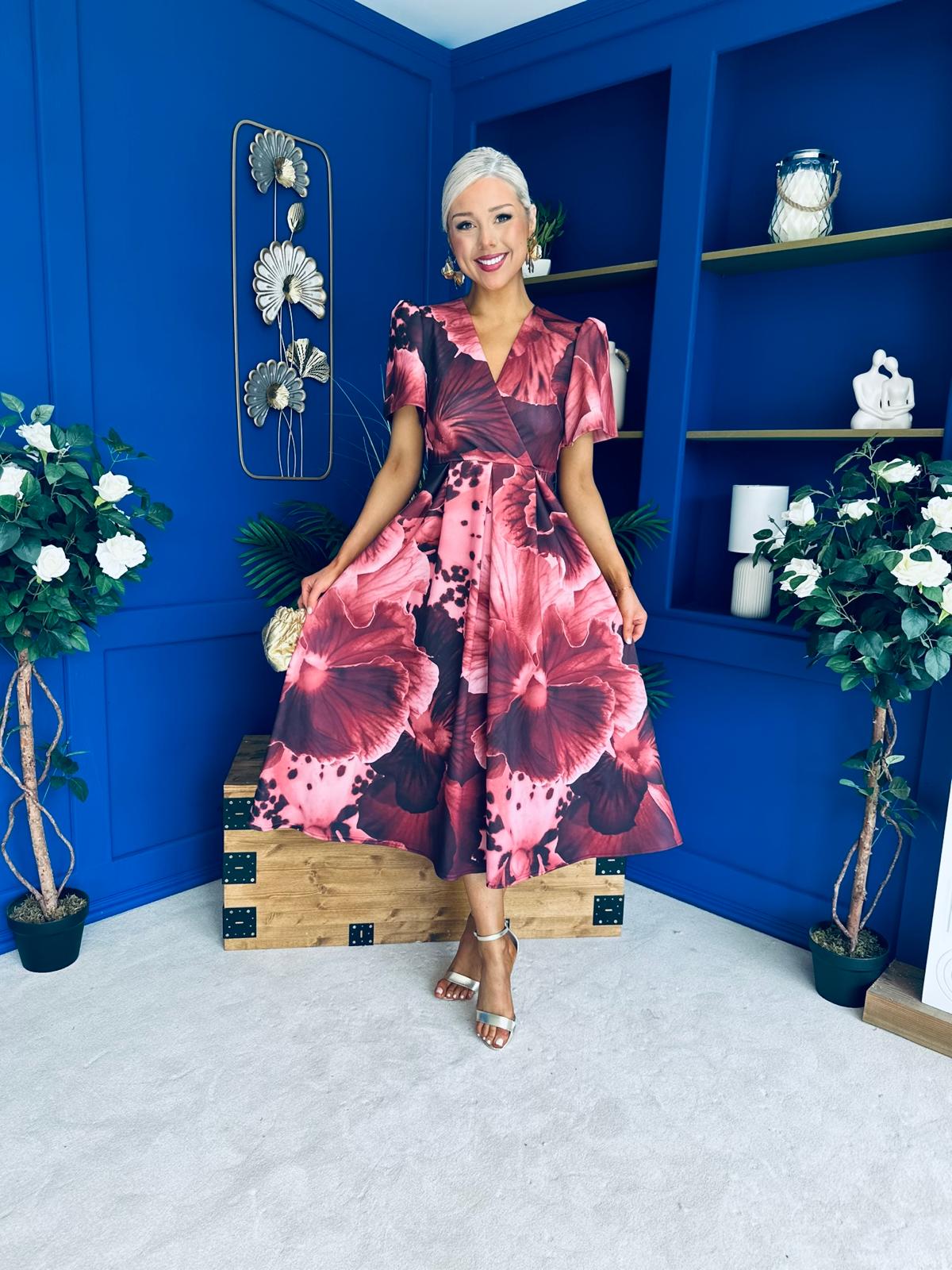 Dora Puff Sleeve Midi Wine Floral