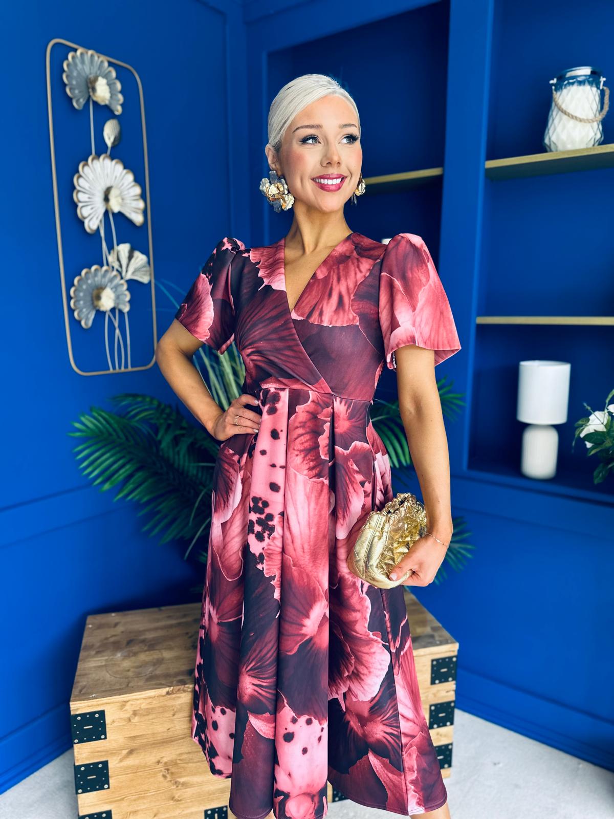 Dora Puff Sleeve Midi Wine Floral