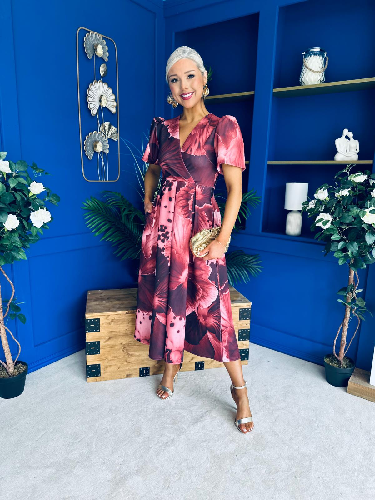 Dora Puff Sleeve Midi Wine Floral