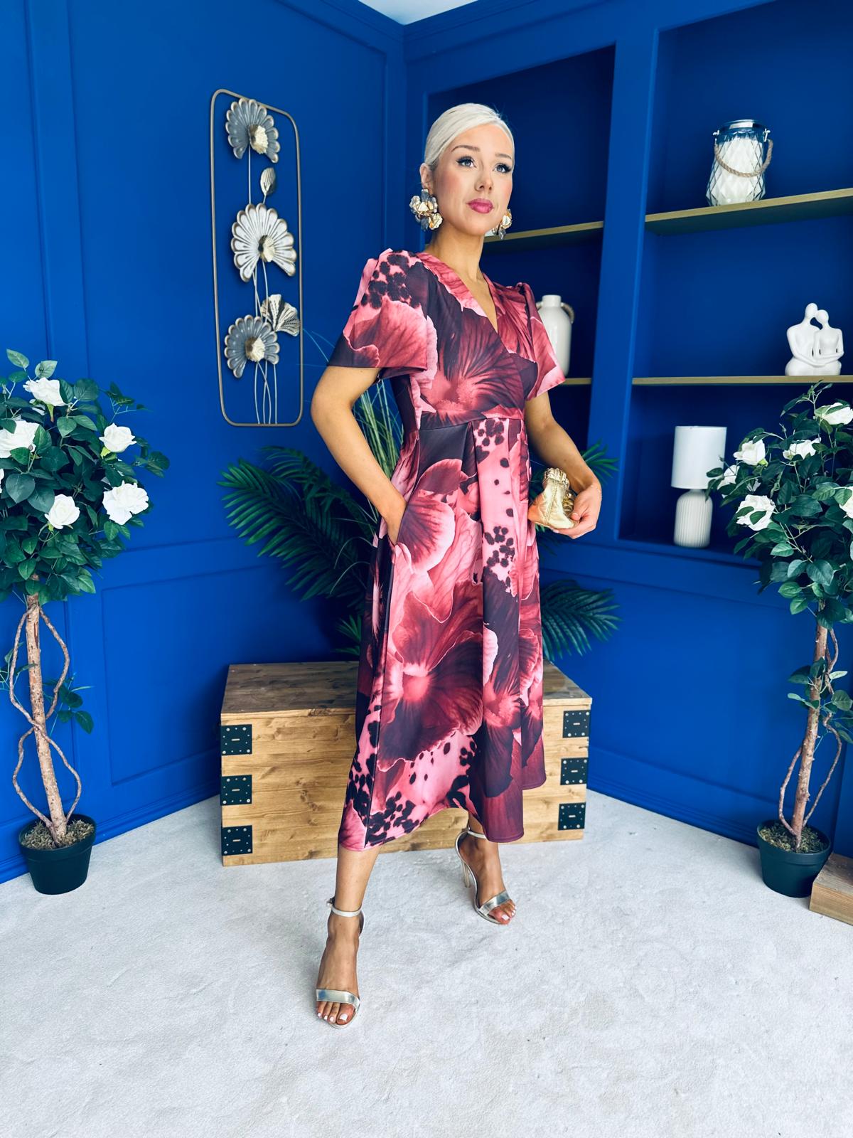 Dora Puff Sleeve Midi Wine Floral