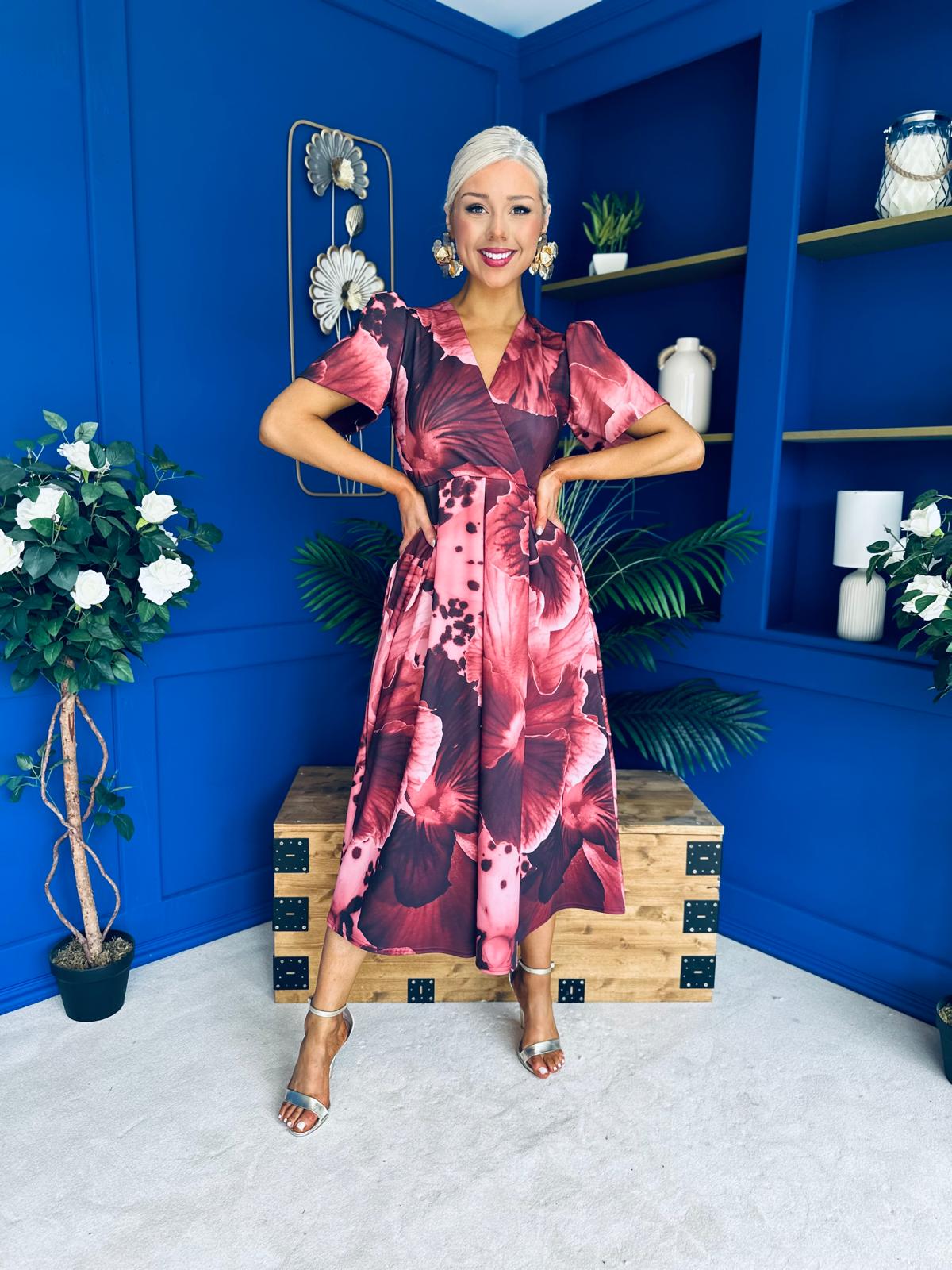 Dora Puff Sleeve Midi Wine Floral
