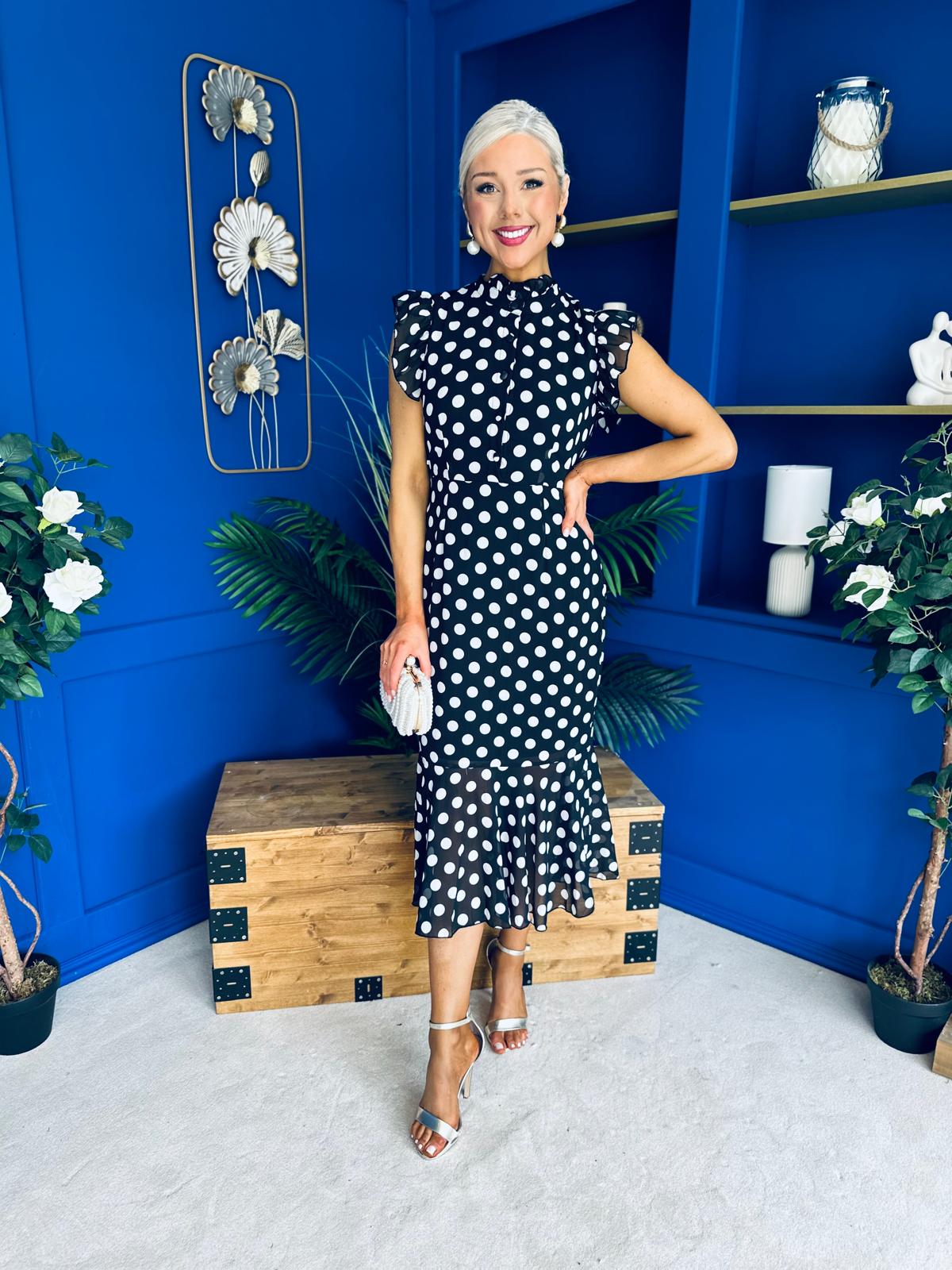 Hannah Frill Sleeve Button Front Midi Dress Black Polka