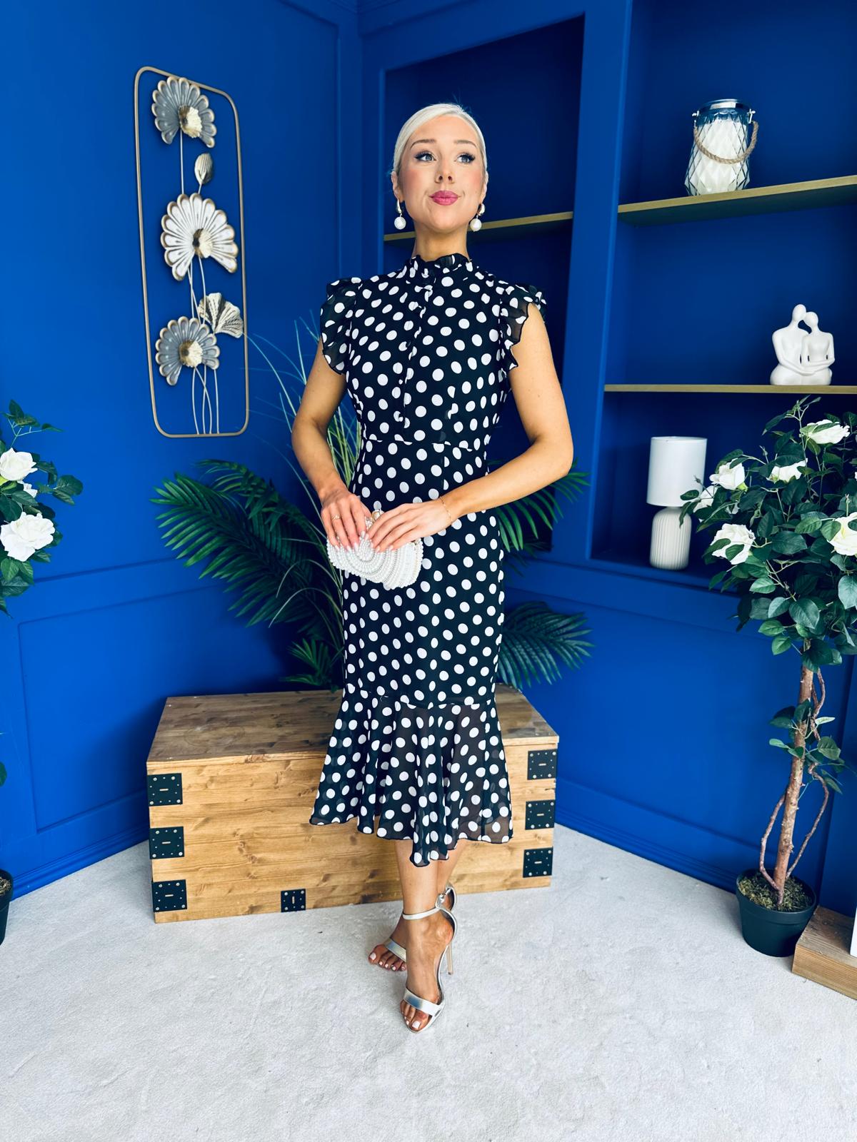 Hannah Frill Sleeve Button Front Midi Dress Black Polka