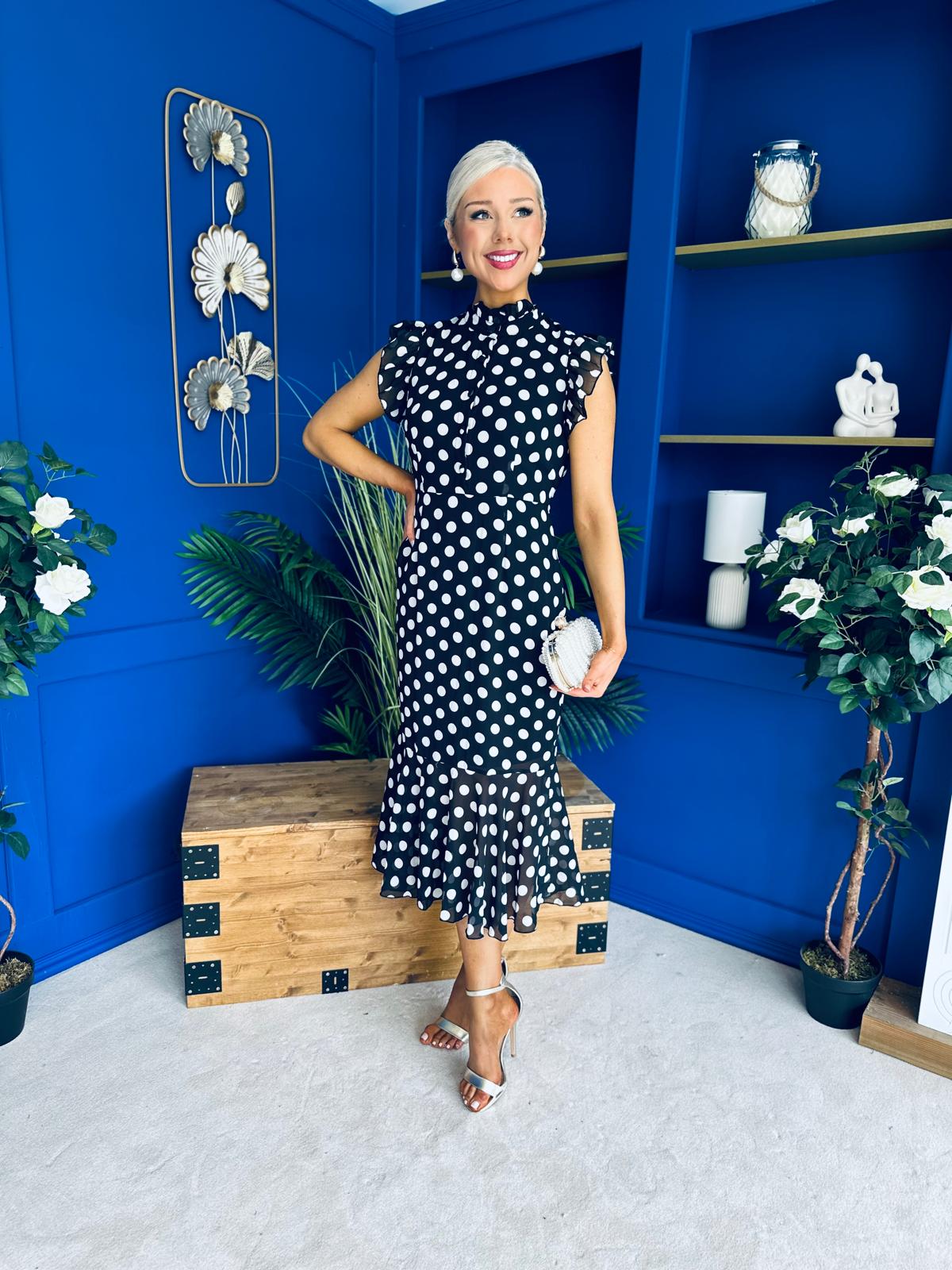 Hannah Frill Sleeve Button Front Midi Dress Black Polka