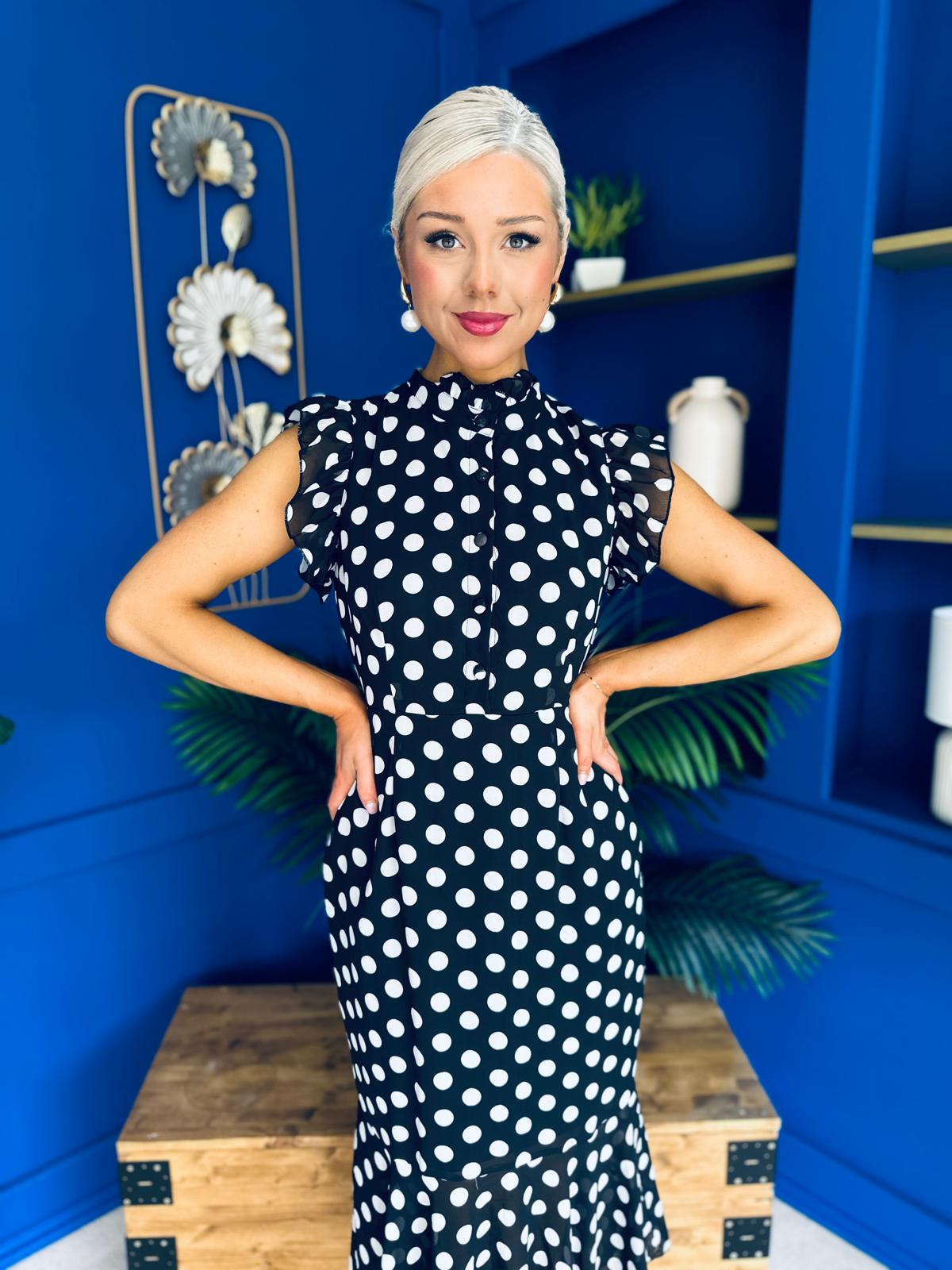 Hannah Frill Sleeve Button Front Midi Dress Black Polka