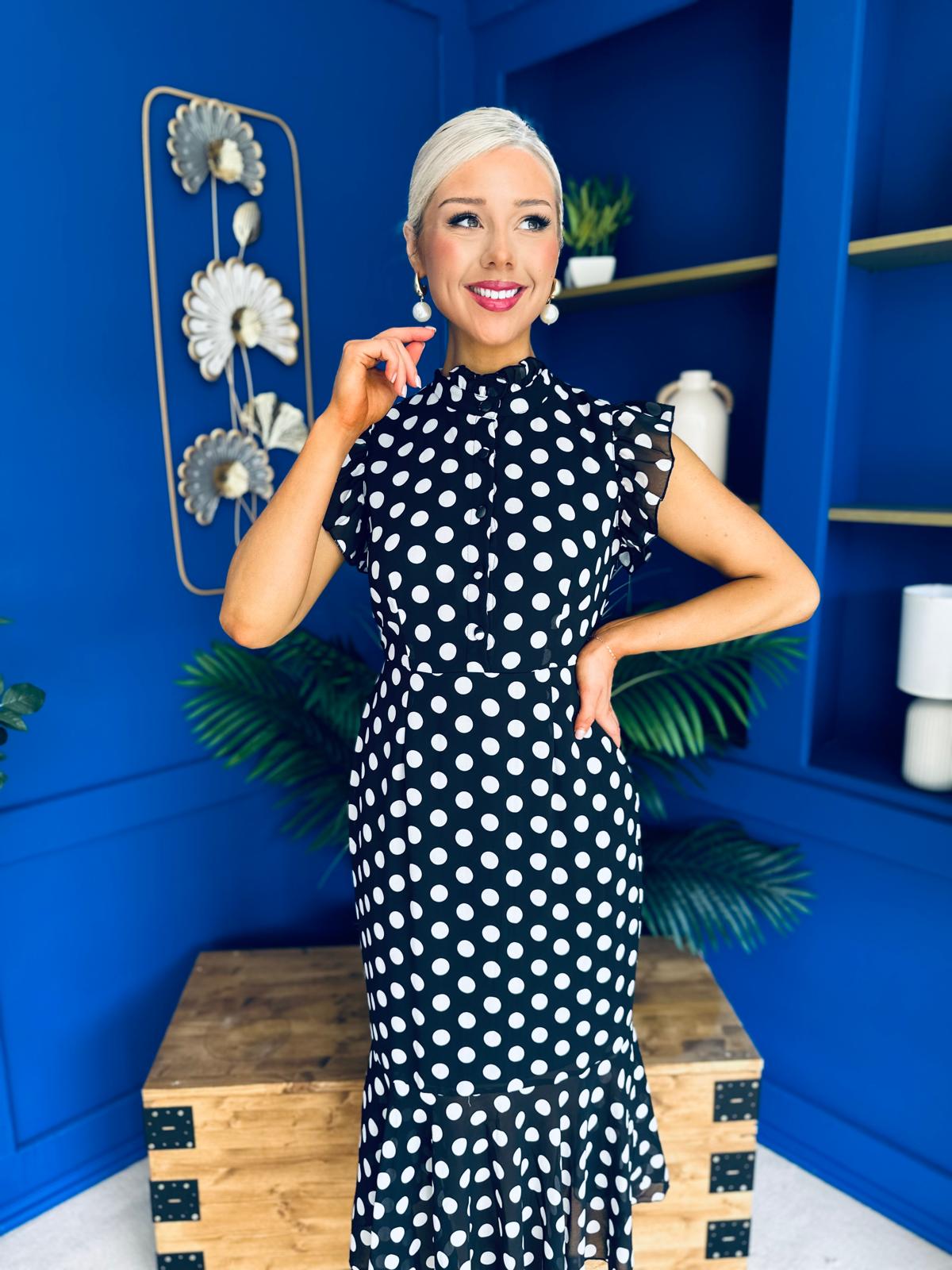 Hannah Frill Sleeve Button Front Midi Dress Black Polka
