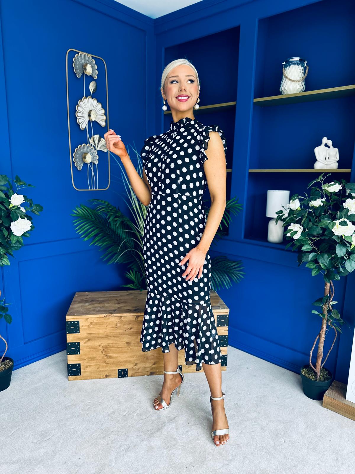Hannah Frill Sleeve Button Front Midi Dress Black Polka
