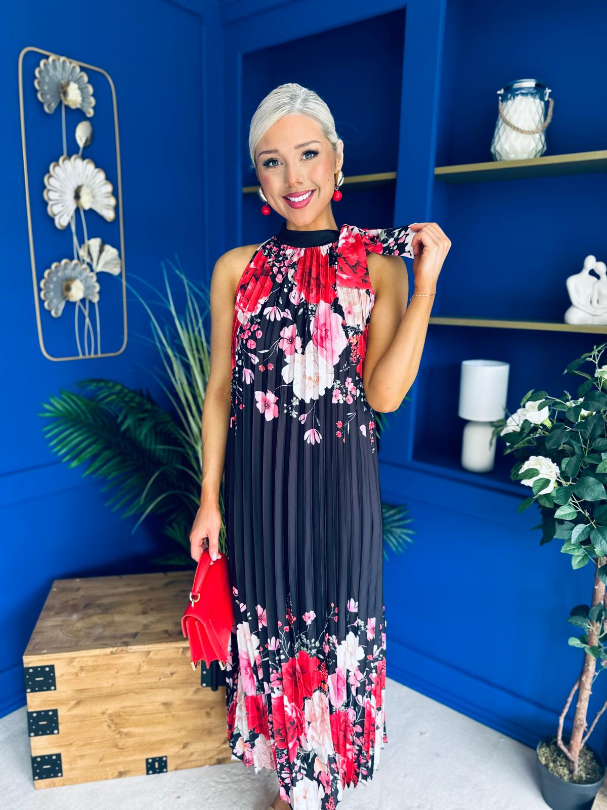 Kamala Pleated Midi Dress Black