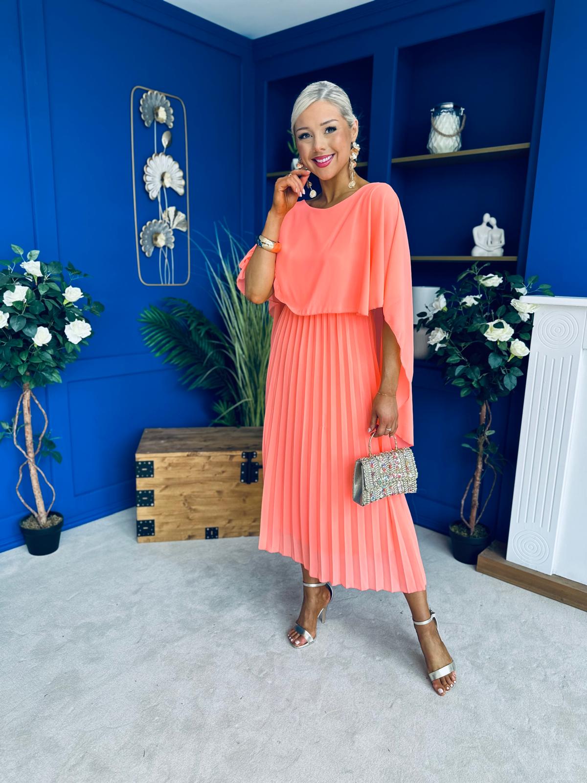 Blaithin Cape Detail Occasion Dress Peach
