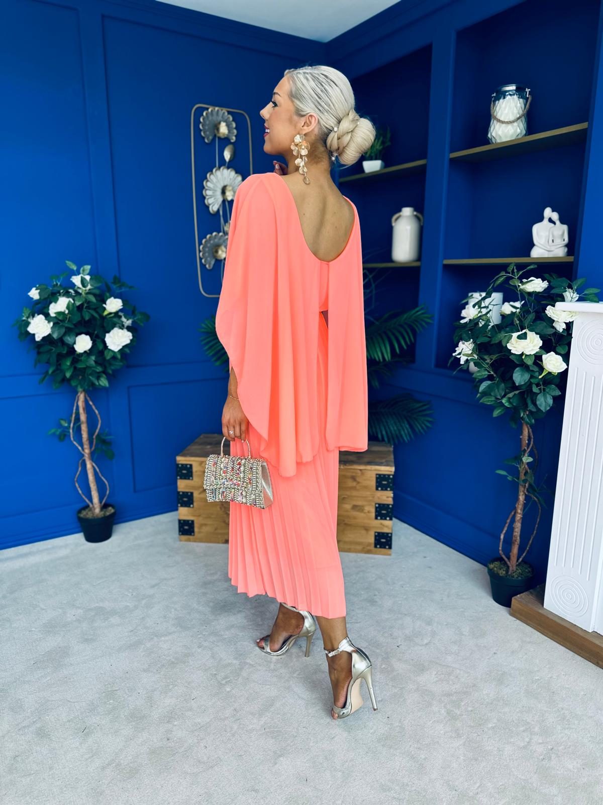 Blaithin Cape Detail Occasion Dress Peach
