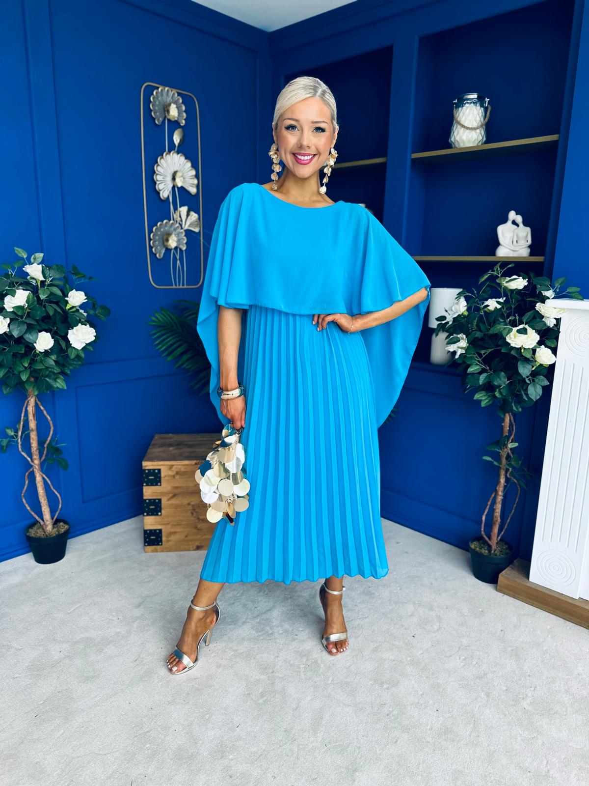 Blaithin Cape Detail Occasion Dress Cyan