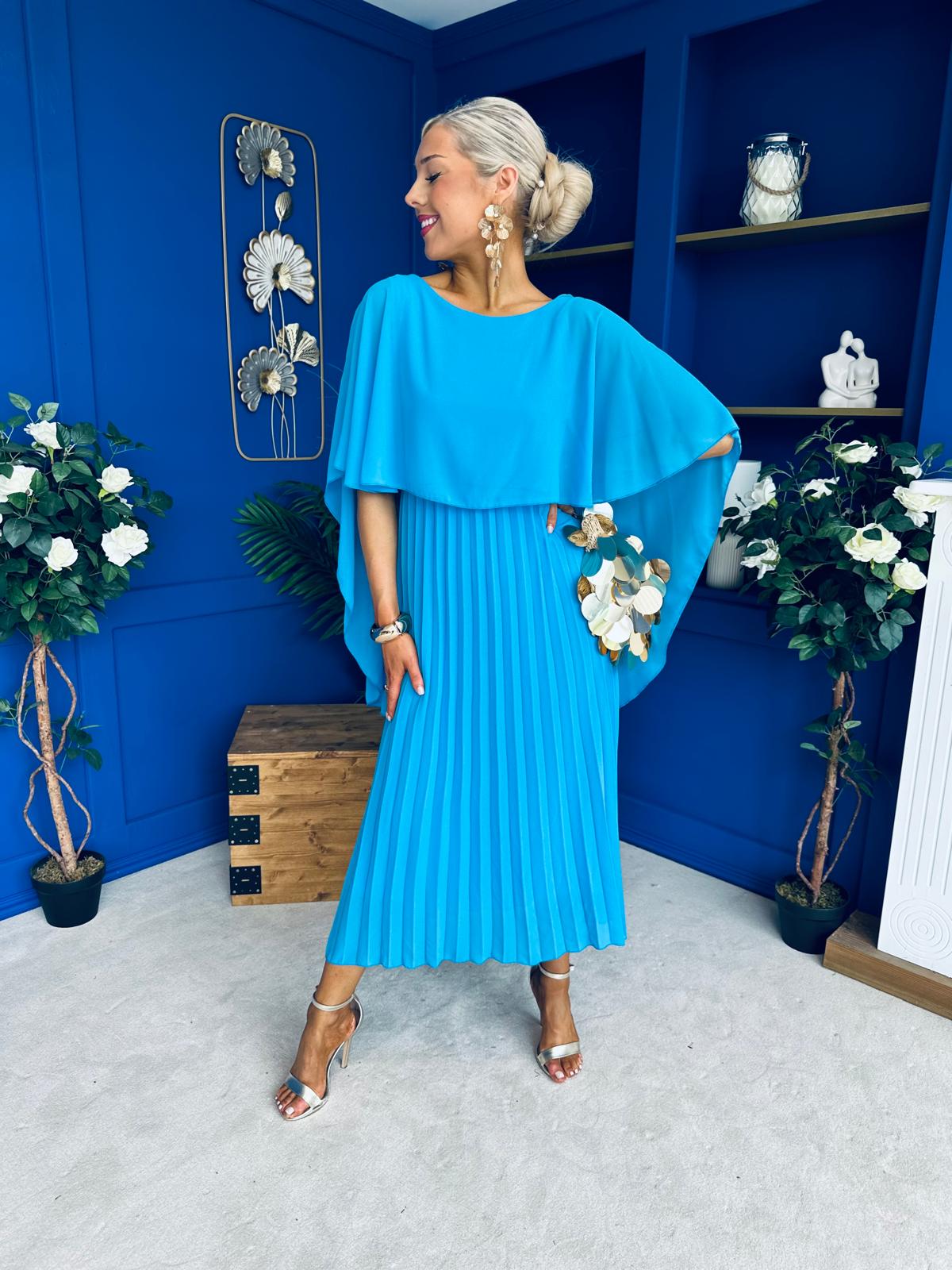 Blaithin Cape Detail Occasion Dress Cyan