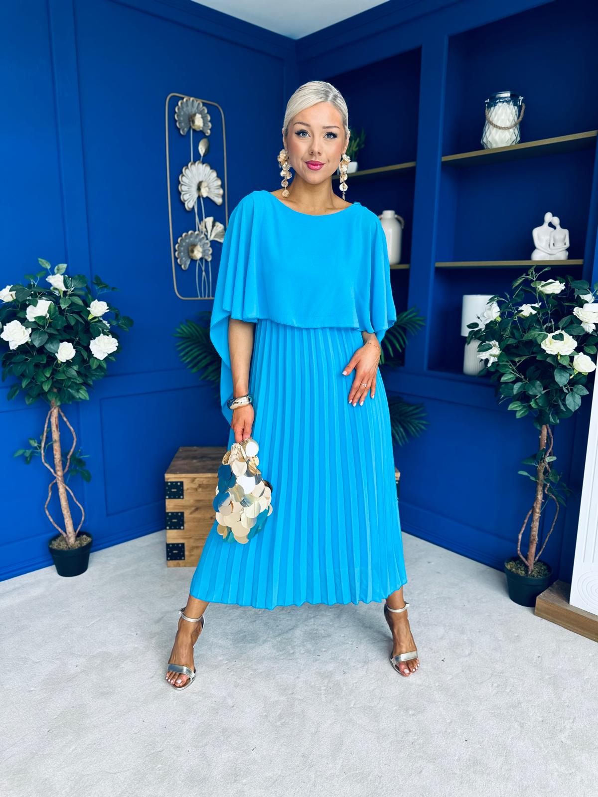 Blaithin Cape Detail Occasion Dress Cyan