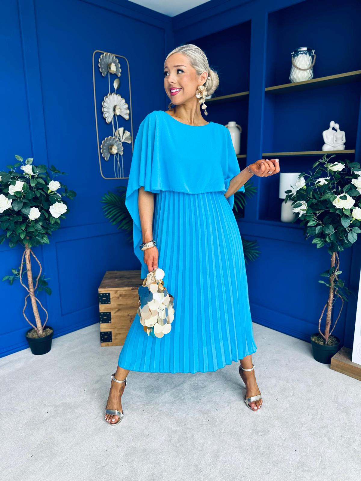 Blaithin Cape Detail Occasion Dress Cyan