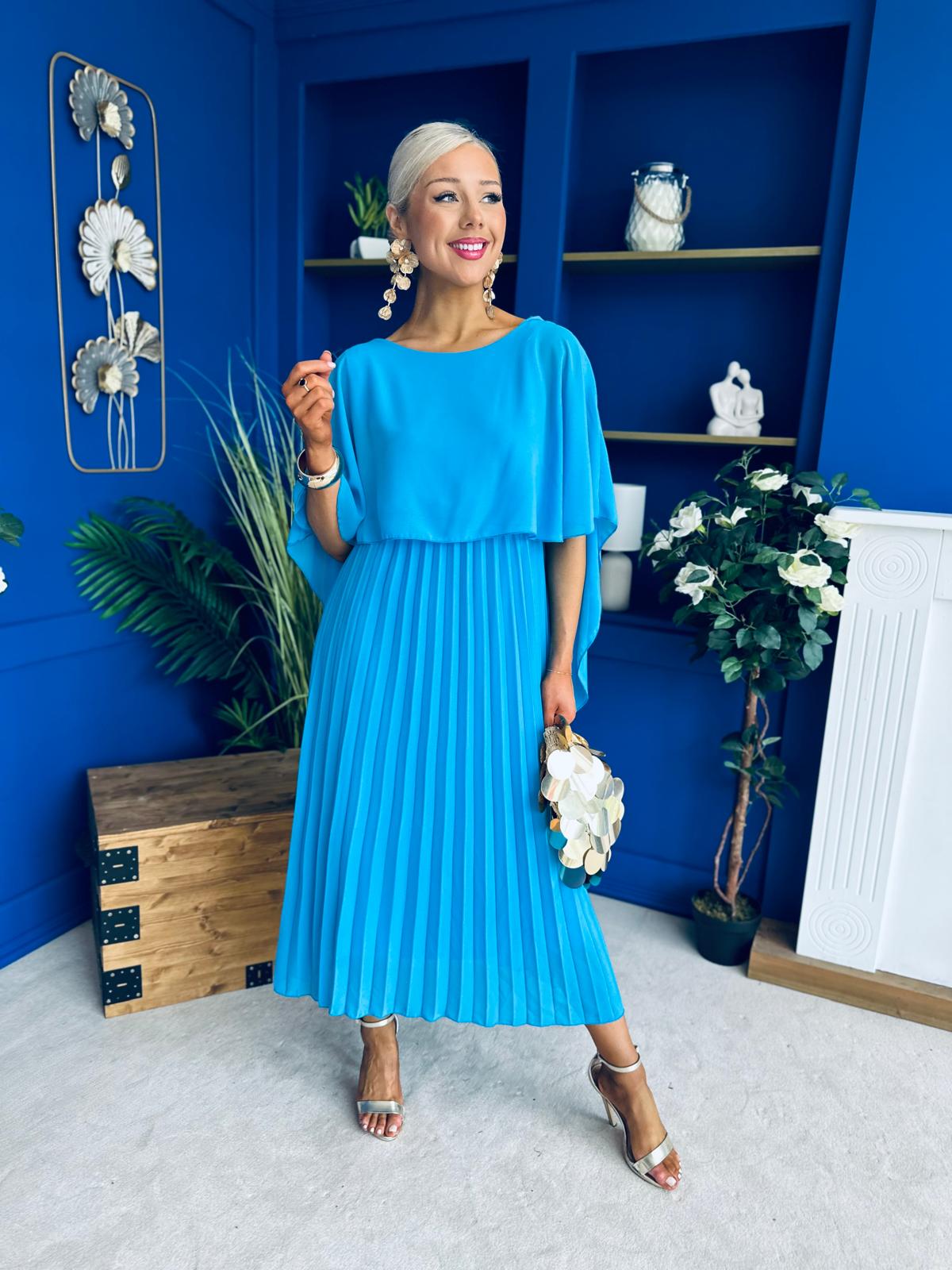 Blaithin Cape Detail Occasion Dress Cyan