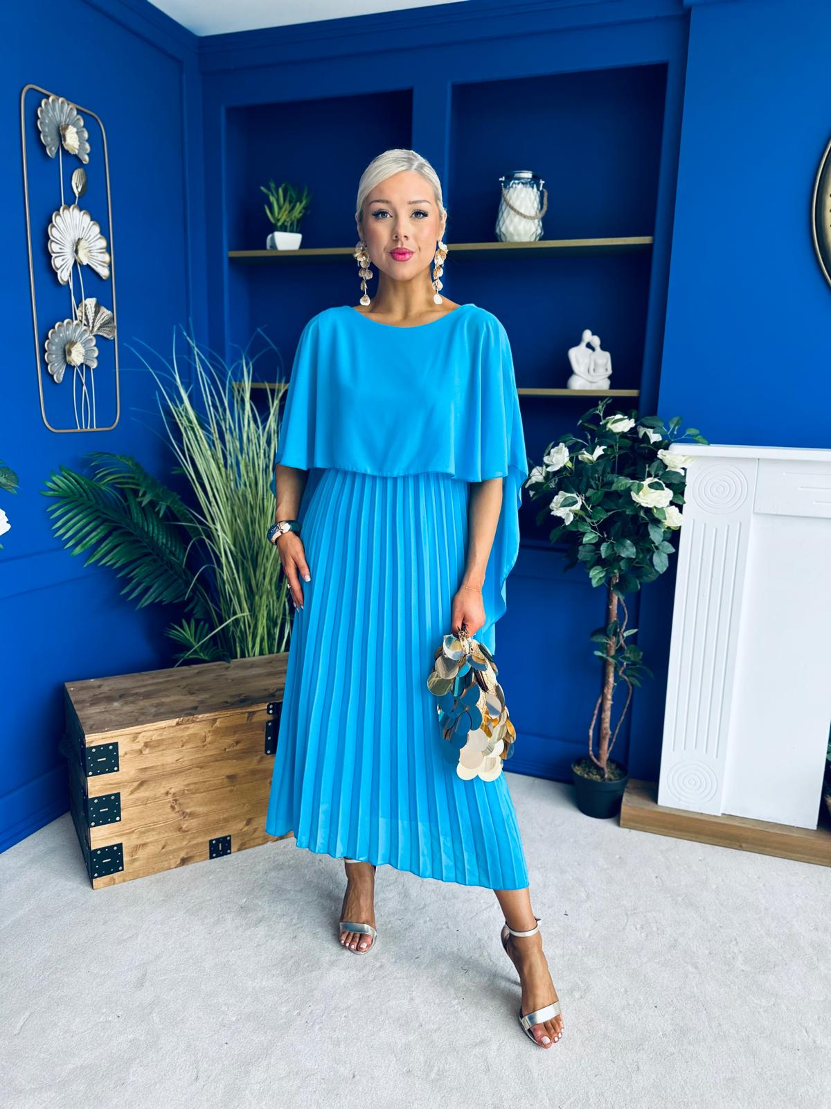 Blaithin Cape Detail Occasion Dress Cyan