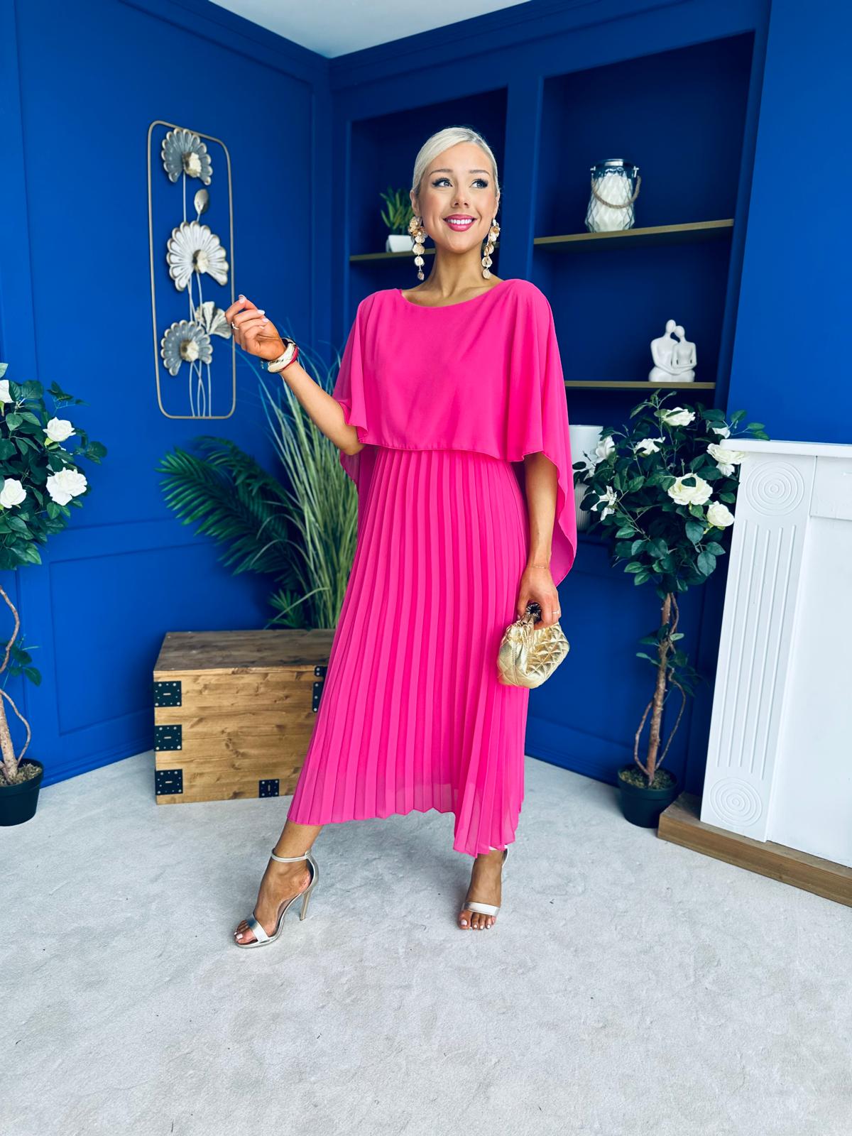 Blaithin Cape Detail Occasion Dress Fuchsia