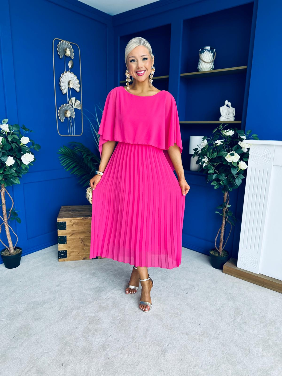 Blaithin Cape Detail Occasion Dress Fuchsia