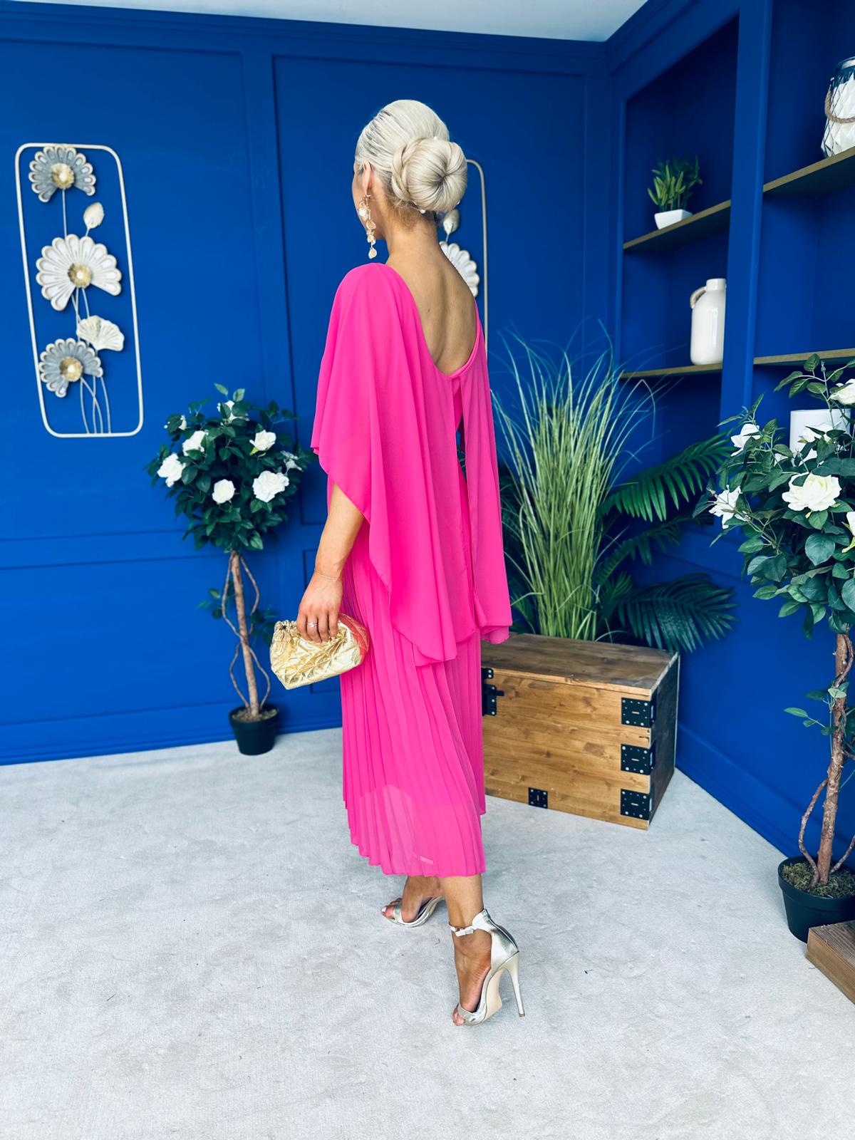 Blaithin Cape Detail Occasion Dress Fuchsia
