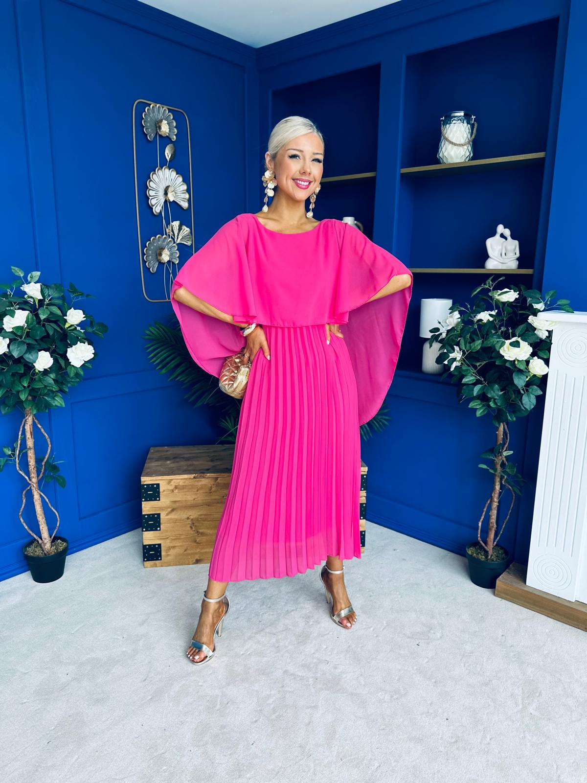 Blaithin Cape Detail Occasion Dress Fuchsia