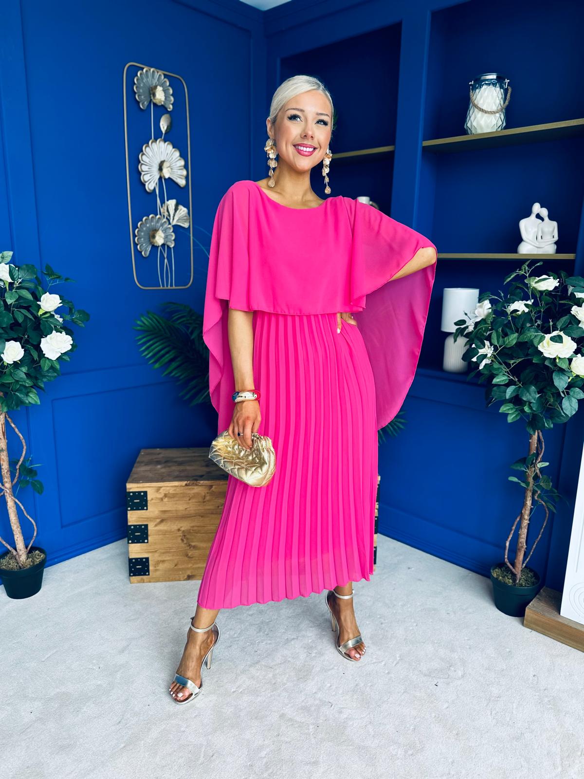 Blaithin Cape Detail Occasion Dress Fuchsia
