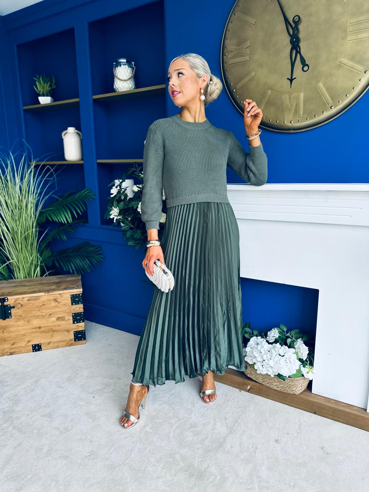 Susan Knit & Satin Midi Dress Khaki