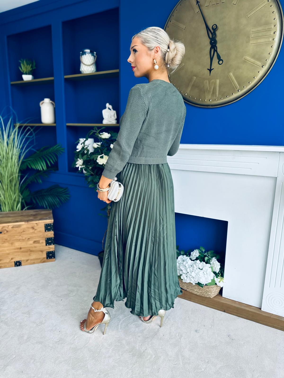 Susan Knit & Satin Midi Dress Khaki