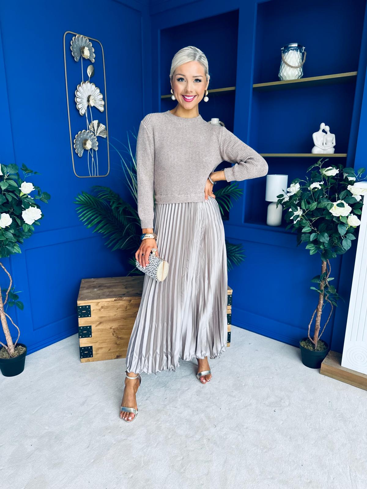 Susan Knit & Satin Midi Dress Taupe