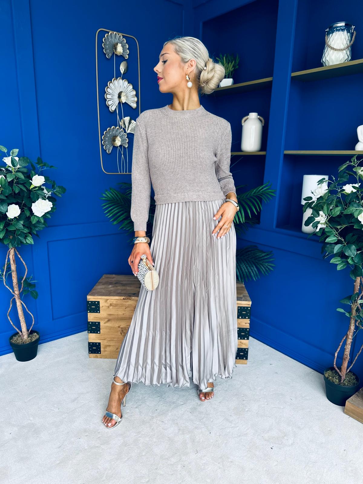 Susan Knit & Satin Midi Dress Taupe