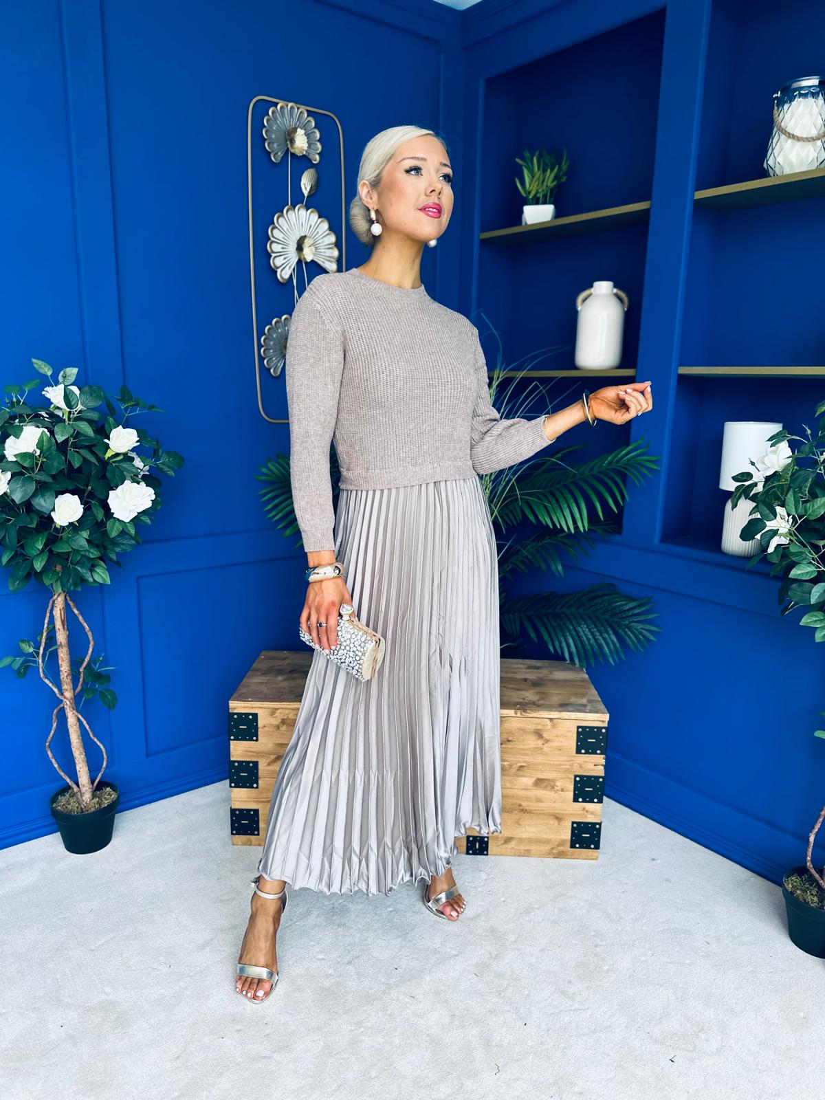 Susan Knit & Satin Midi Dress Taupe