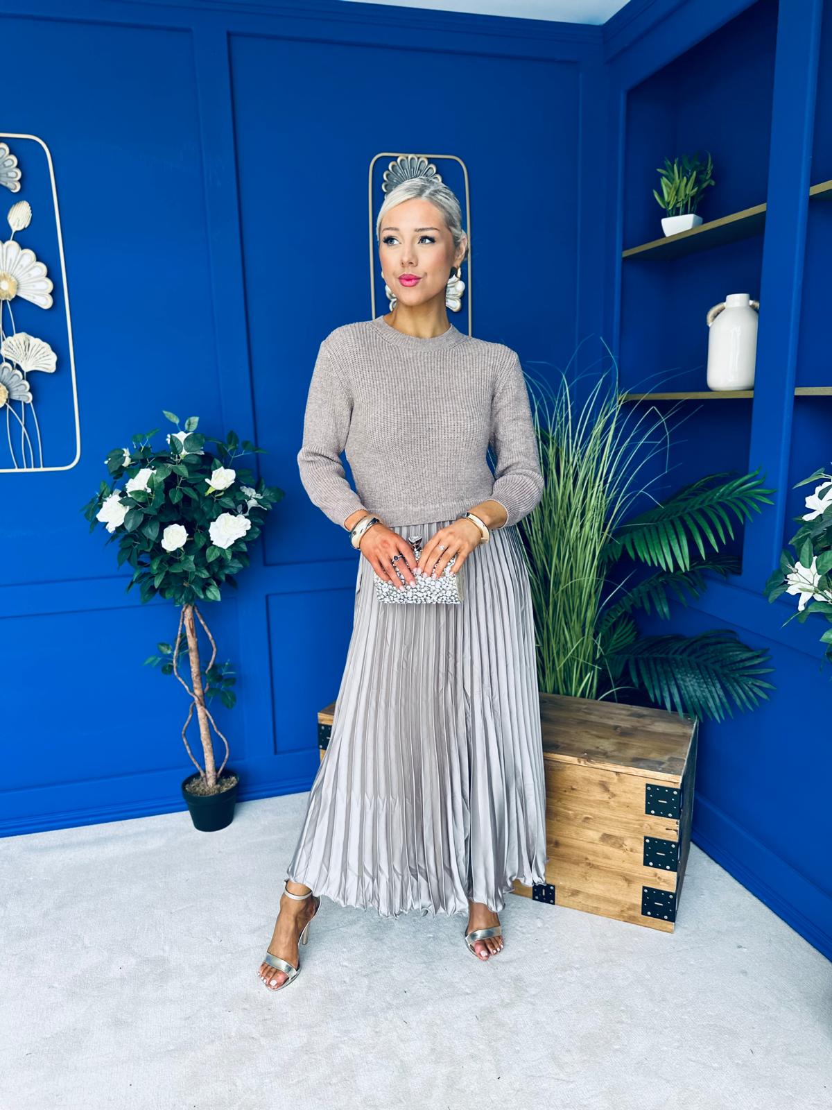Susan Knit & Satin Midi Dress Taupe